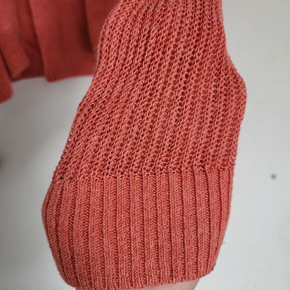 LOFT Linen Open Knit Coral Peach Open Front Long Sleeve Cardigan Sweater Large - Picture 4 of 12